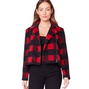 Jack by BB Dakota Moto Jacket Cropped  Size Small Red Black Buffalo Plaid